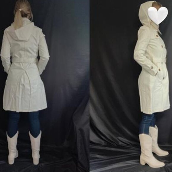 Women's Double Breasted Long Trench Coats Mid-Length Belted with Detachable Hood - Picture 9 of 10